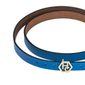Buckle close-up on women's seamless edge leather belt - sky blue - Hedonist Chicago - close-up view (1")