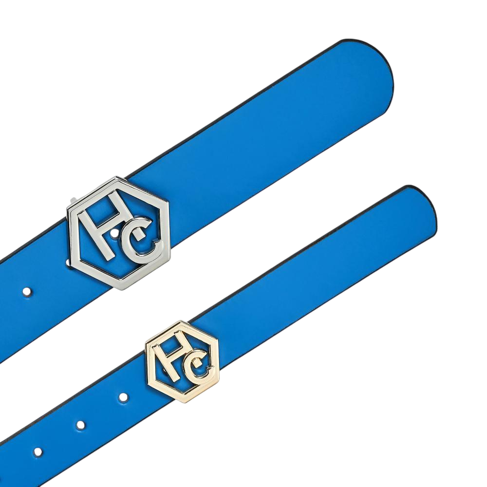 Edge stitching detail on women's seamless edge leather belt - sky blue - Hedonist Chicago (1")
