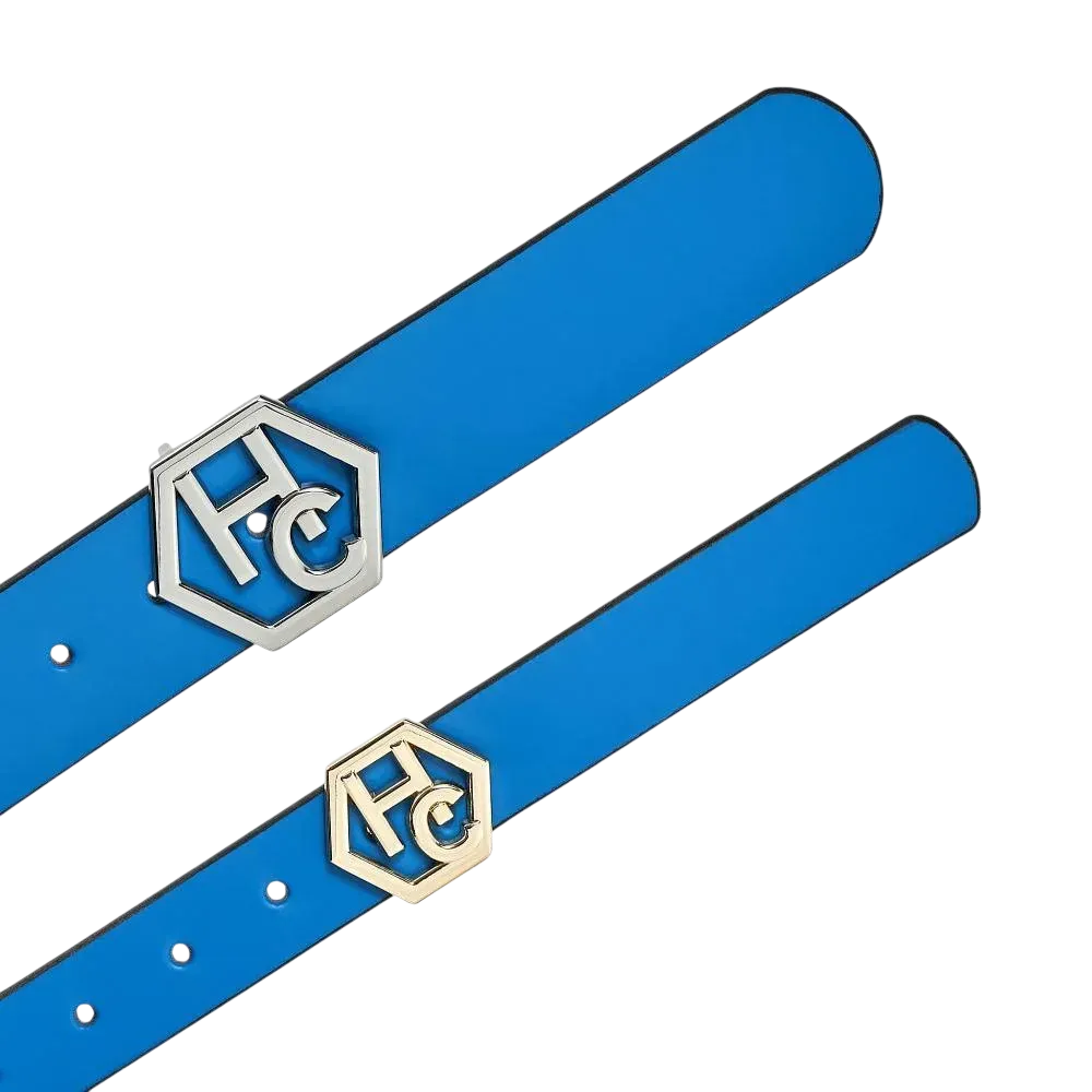 Edge finish detail on women's seamless edge leather belt - sky blue - Hedonist Chicago (1")
