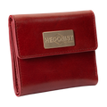 A red leather bi-fold wallet with a gold-tone metal brand plaque on the front flap.