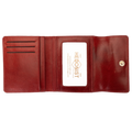 Red leather wallet open showing ID window