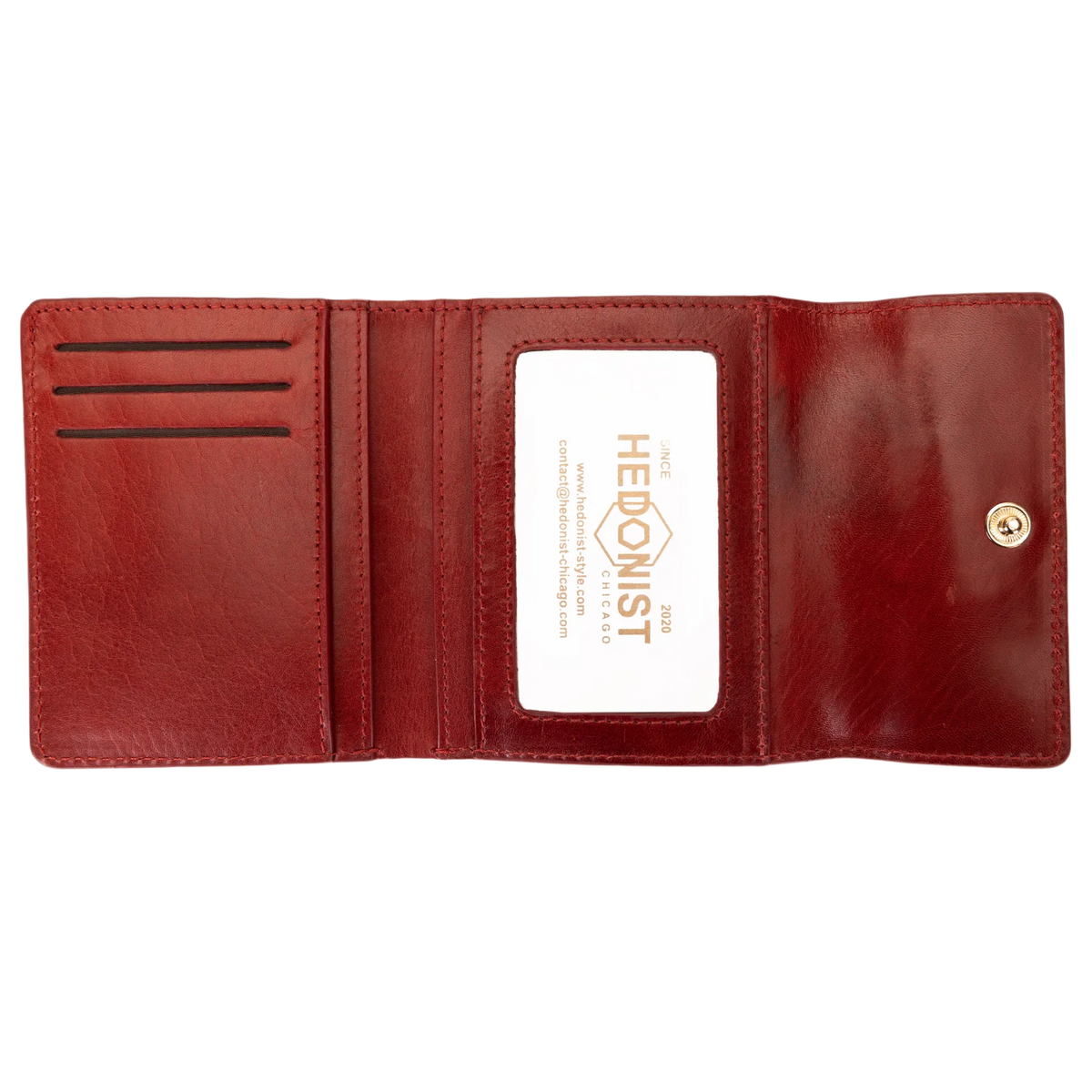 Red leather wallet open showing ID window