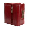 A red leather bifold wallet with a vertical zipper, gold-toned hardware, and a metal brand plaque on the side, shown against a plain white background.