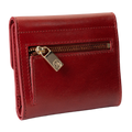 A red leather bi-fold wallet with a gold-tone zipper and a small padlock closure, shown on a plain white background.