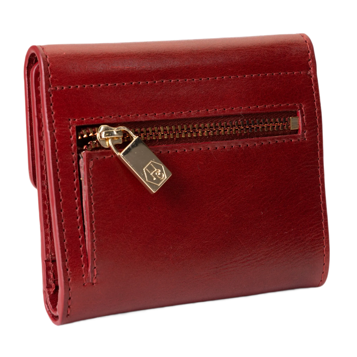 A red leather bi-fold wallet with a gold-tone zipper and a small padlock closure, shown on a plain white background.