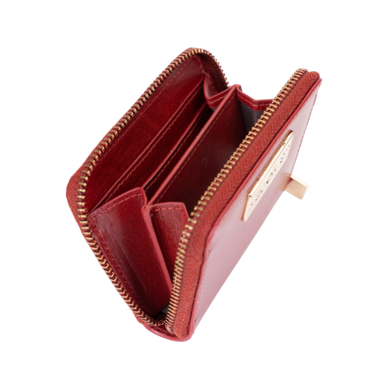 Small red zip-around leather wallet for women, card slots detail