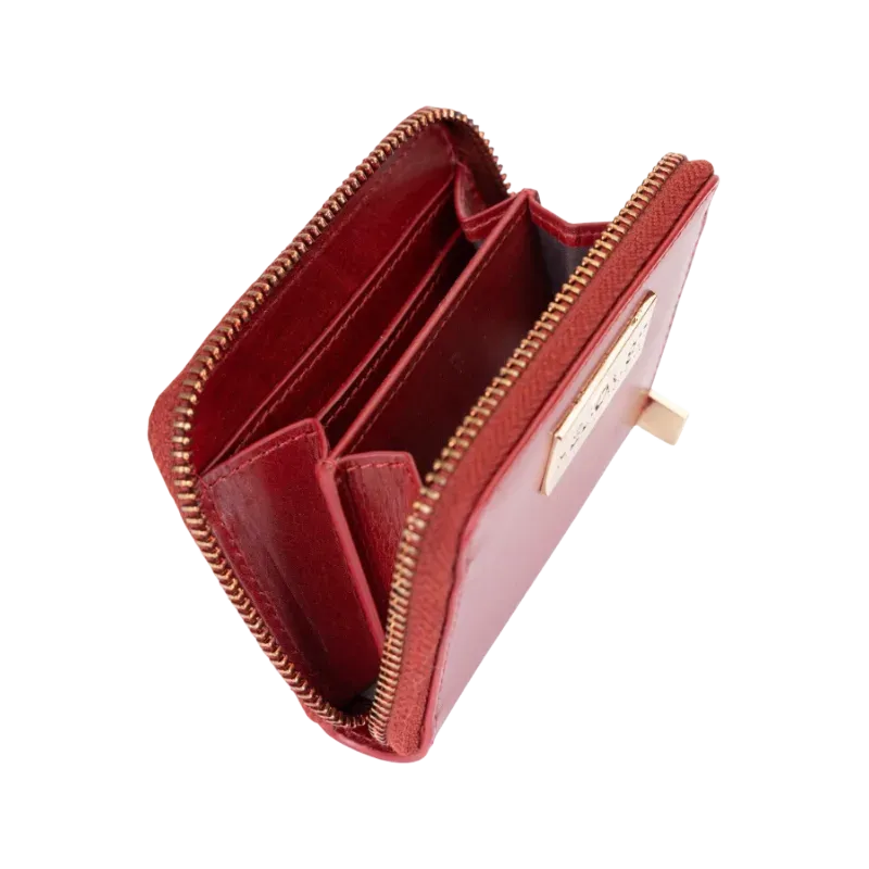 Small red zip-around leather wallet for women, card slots detail