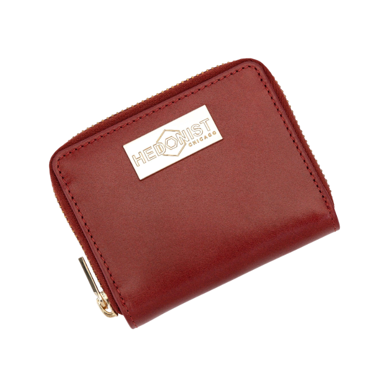Small red zip-around leather wallet for women, front view
