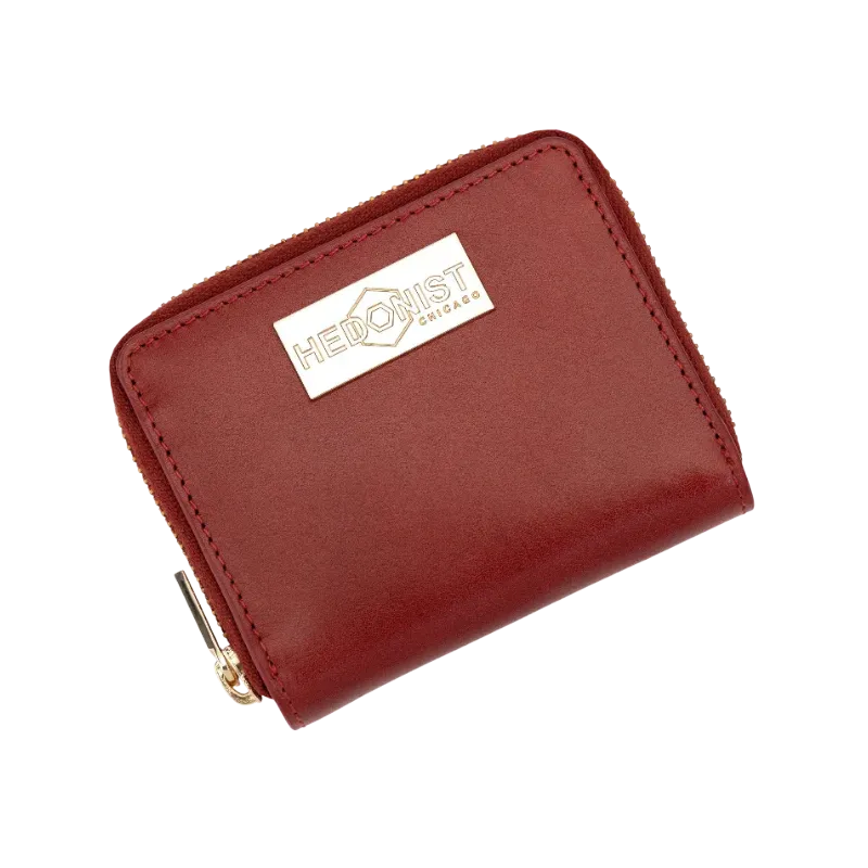 Small red zip-around leather wallet for women, front view