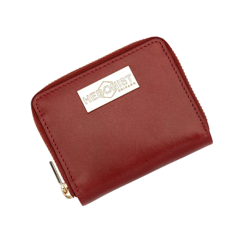 Small red zip-around leather wallet for women, front view