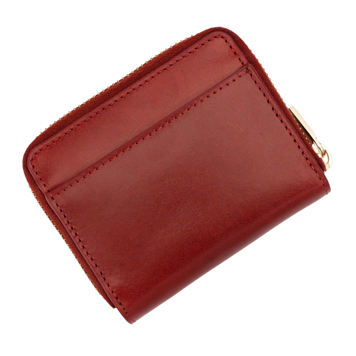 Small red zip-around leather wallet for women, slip pocket detail