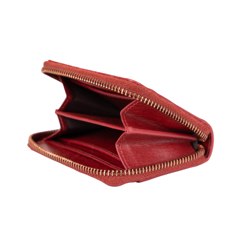Small red zip-around leather wallet for women, zipper detail