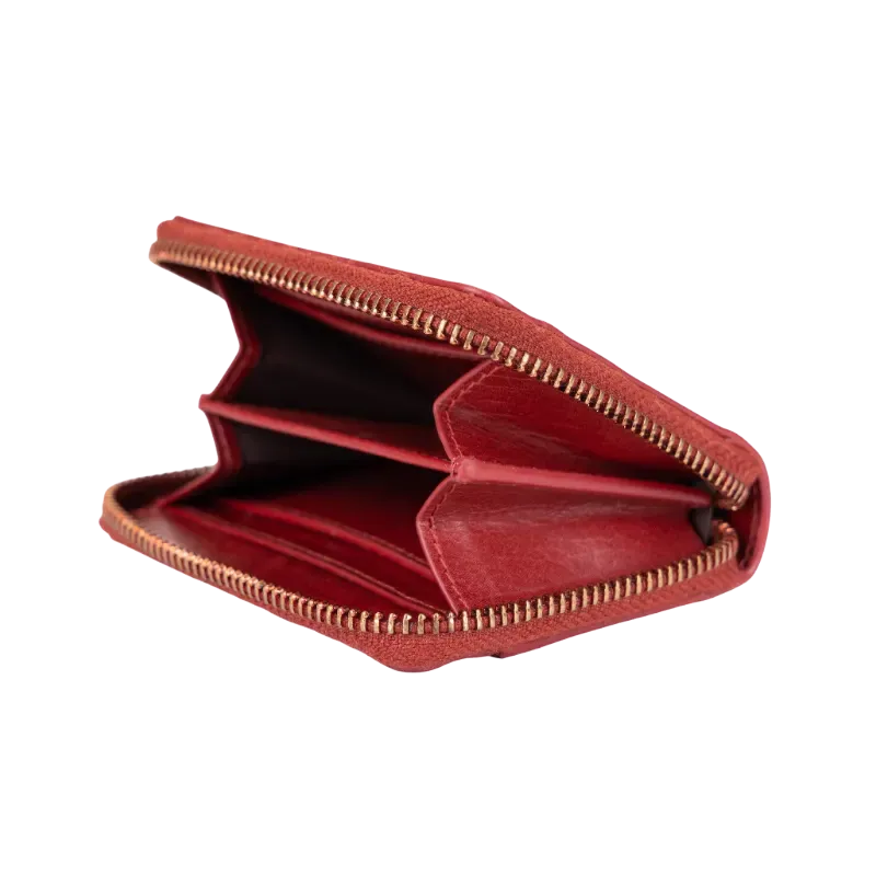 Small red zip-around leather wallet for women, zipper detail