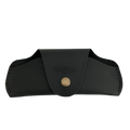 Small Soft Leather Eye Glasses Case in Black, closed, front view with embossed Hedonist logo and snap closure