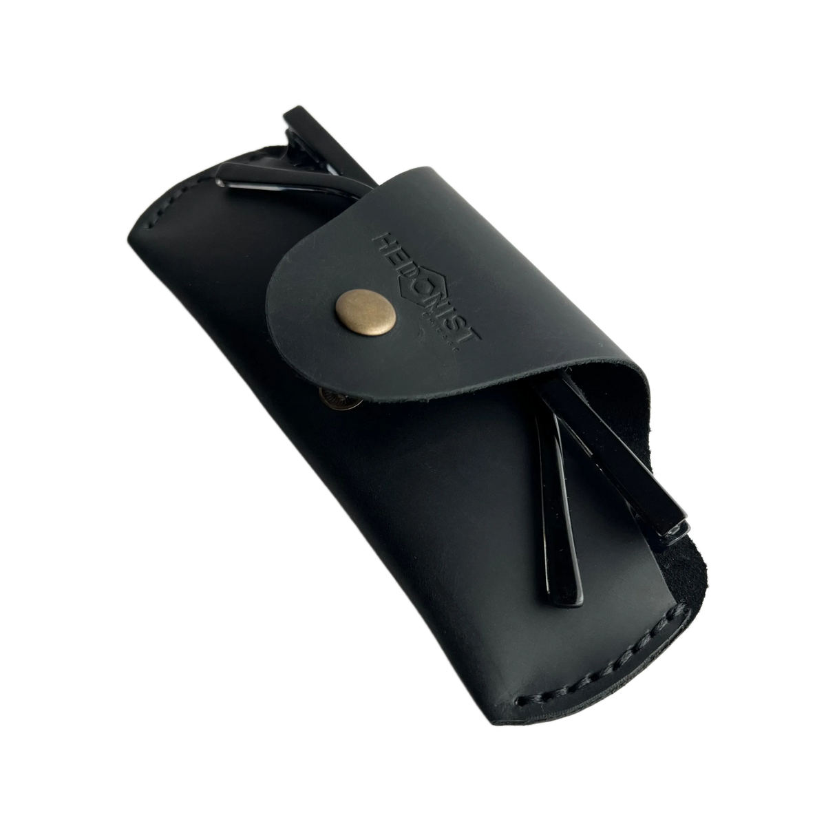 Small Soft Leather Eye Glasses Case in Black, angled view with folded sunglasses tucked inside