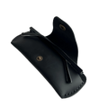 Small Soft Leather Eye Glasses Case in Black, open, angled top view with folded sunglasses inside