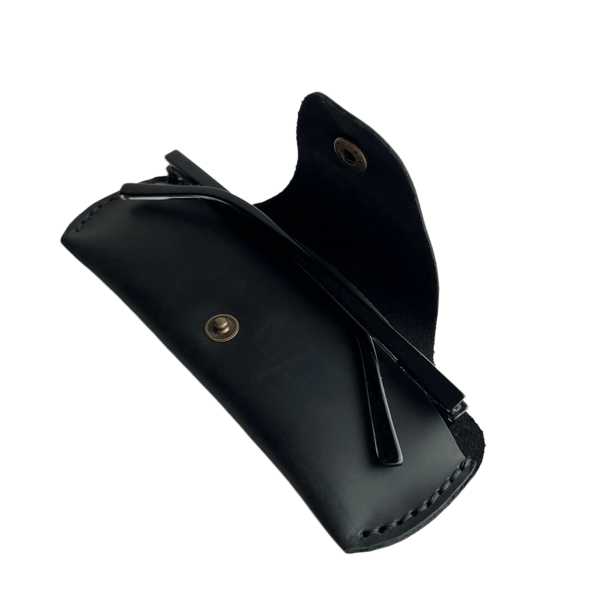 Small Soft Leather Eye Glasses Case in Black, open, angled top view with folded sunglasses inside