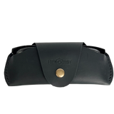 Small Soft Leather Eye Glasses Case in Black, closed, with sunglasses temples visible poking out both sides