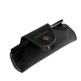 Small Soft Leather Eye Glasses Case in Black Washed, angled view with folded sunglasses tucked inside