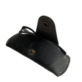 Small Soft Leather Eye Glasses Case in Black Washed, open, angled top view with sunglasses inside