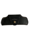 Small Soft Leather Eye Glasses Case in Black Washed, closed, front view with embossed Hedonist logo and snap closure