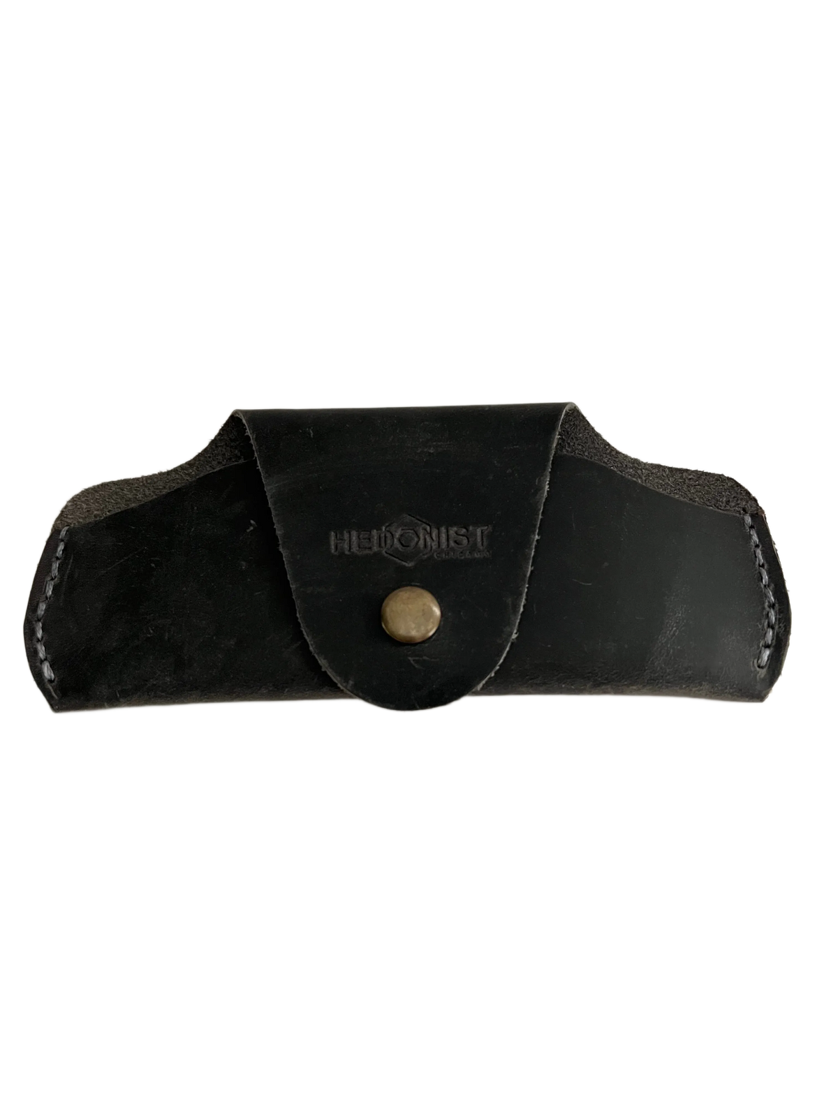 Small Soft Leather Eye Glasses Case in Black Washed, closed, front view with embossed Hedonist logo and snap closure