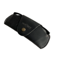 Small Soft Leather Eye Glasses Case in Black Washed, angled view with sunglasses temple visible