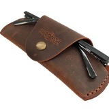 Small Soft Leather Eye Glasses Case in Brown, angled view with sunglasses temples visible poking out both sides