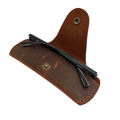 Small Soft Leather Eye Glasses Case in Brown, open, angled top view with folded sunglasses inside