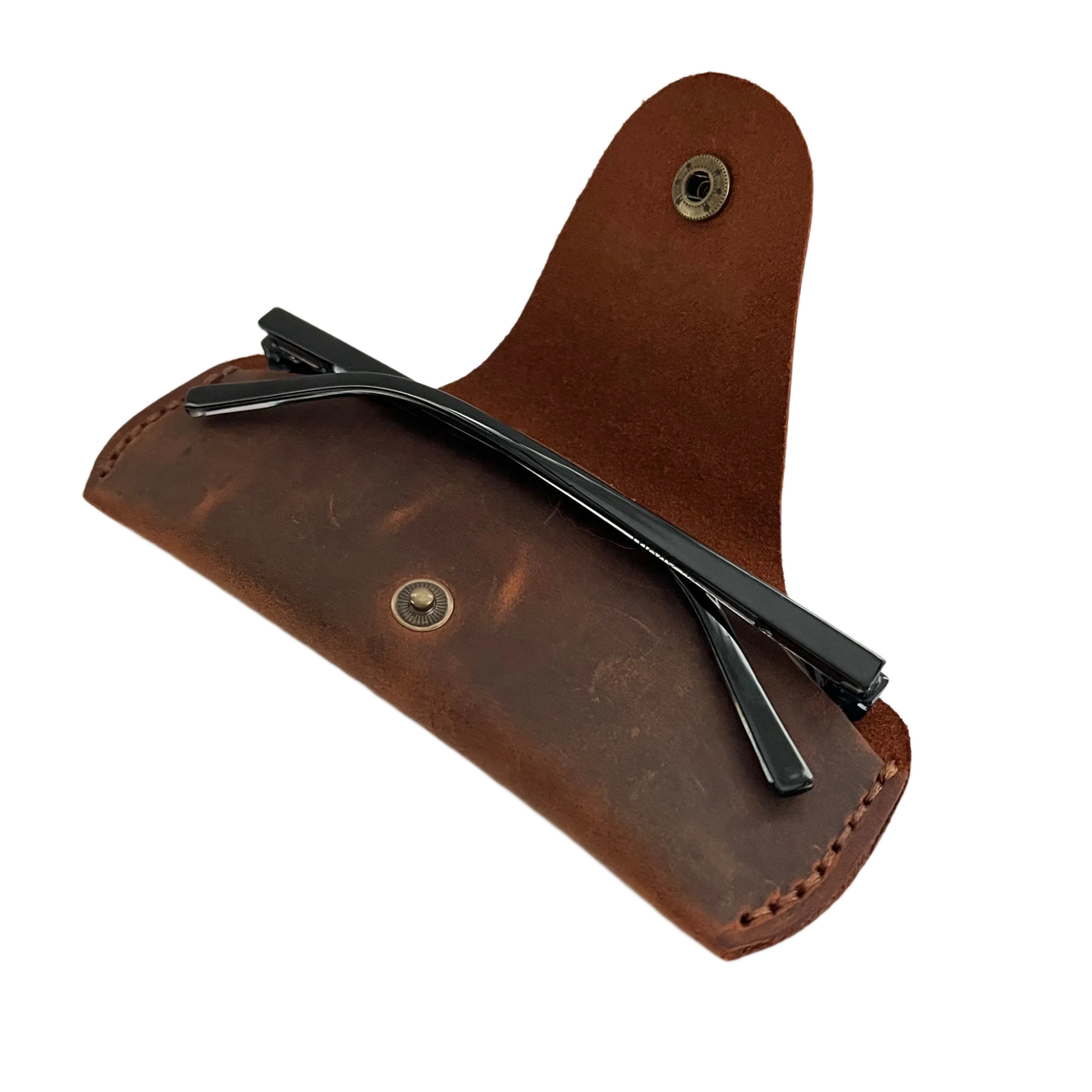 Small Soft Leather Eye Glasses Case in Brown, open, angled top view with folded sunglasses inside