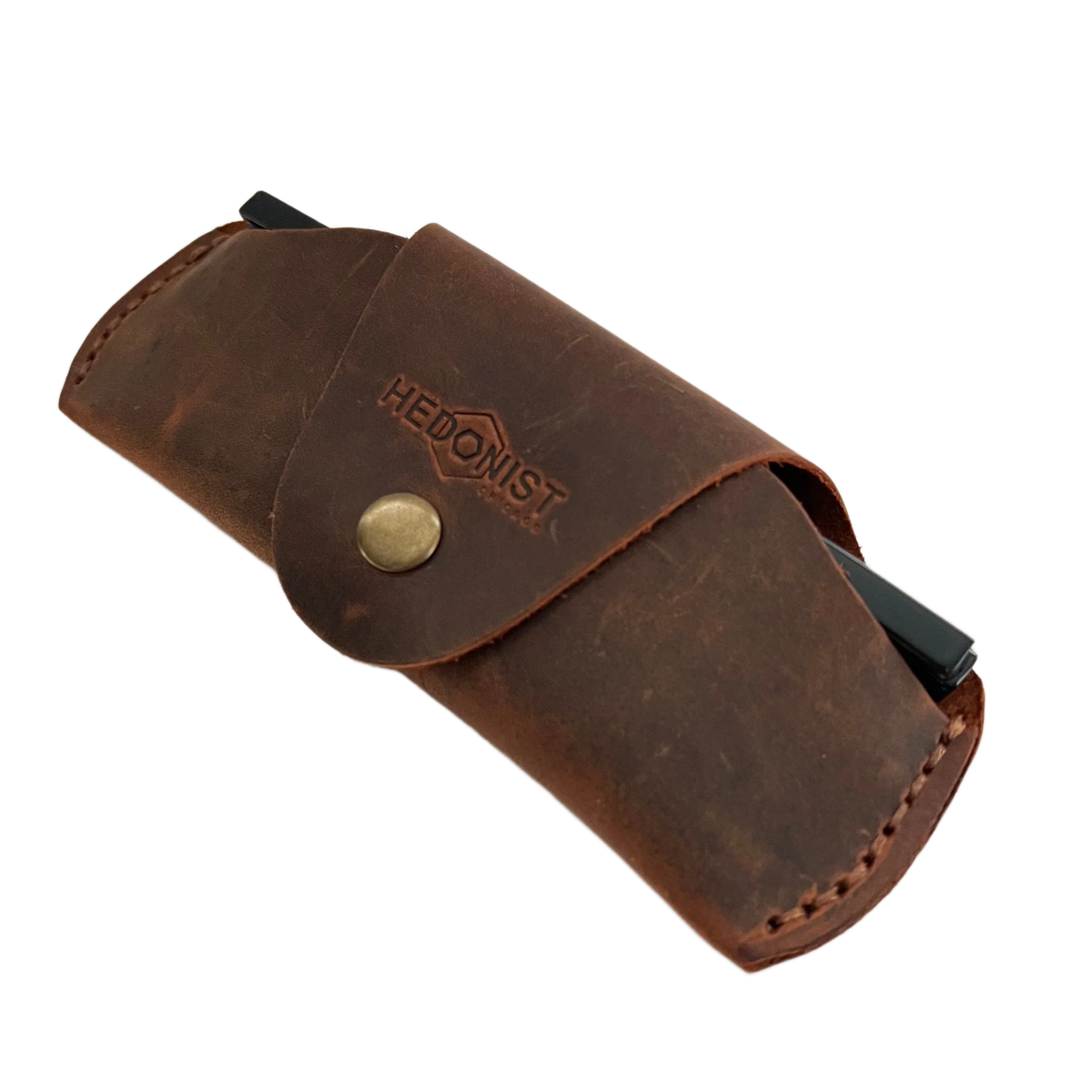 Small Soft Leather Eye Glasses Case in Brown, angled view with sunglasses temple visible
