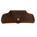 Small Soft Leather Eye Glasses Case in Brown, closed, front view with embossed Hedonist logo and snap closure