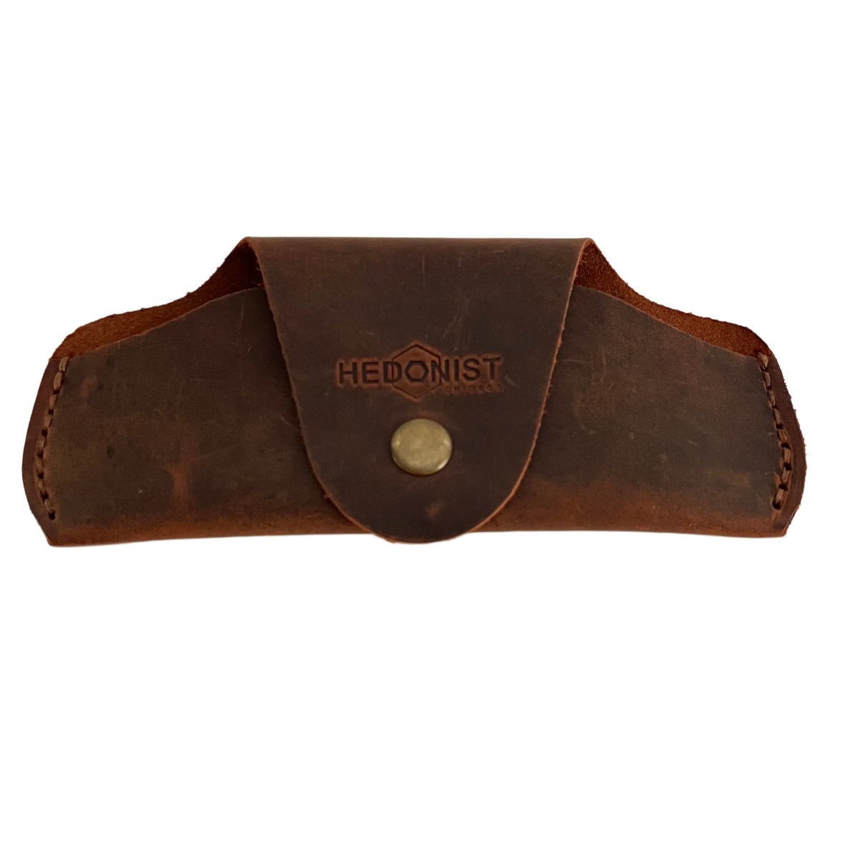 Small Soft Leather Eye Glasses Case in Brown, closed, front view with embossed Hedonist logo and snap closure
