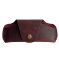 Small Soft Leather Eye Glasses Case in Burgundy, closed, front view with embossed Hedonist logo and snap closure
