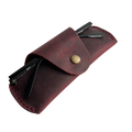 Small Soft Leather Eye Glasses Case in Burgundy, angled view with sunglasses temples visible poking out both sides