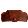 Small Soft Leather Eye Glasses Case in Cognac, closed, front view with embossed Hedonist logo and snap closure