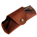 Small Soft Leather Eye Glasses Case in Cognac with folded sunglasses tucked inside, temples visible