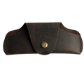 Small Soft Leather Eye Glasses Case in Dark Brown, closed, front view with embossed Hedonist logo and snap closure