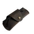 Small Soft Leather Eye Glasses Case in Dark Brown, angled view with folded sunglasses tucked inside