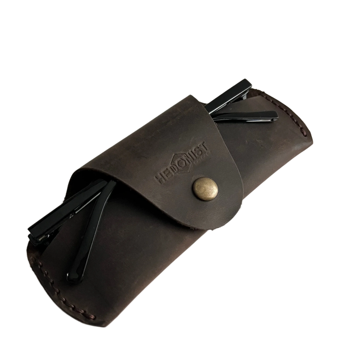Small Soft Leather Eye Glasses Case in Dark Brown, angled view with folded sunglasses tucked inside