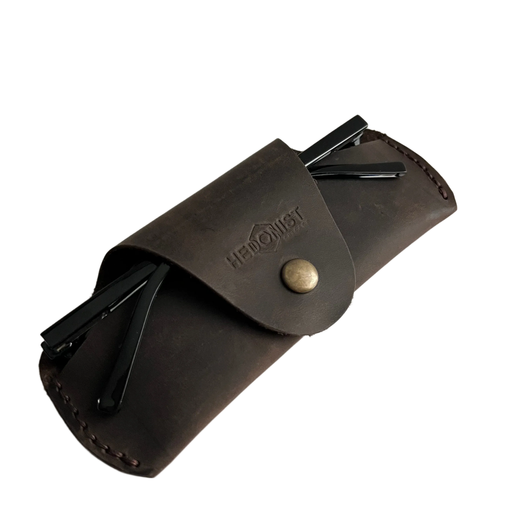 Small Soft Leather Eye Glasses Case in Dark Brown, angled view with folded sunglasses tucked inside