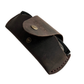 Small Soft Leather Eye Glasses Case in Dark Brown, angled view with black-framed eyeglasses tucked inside