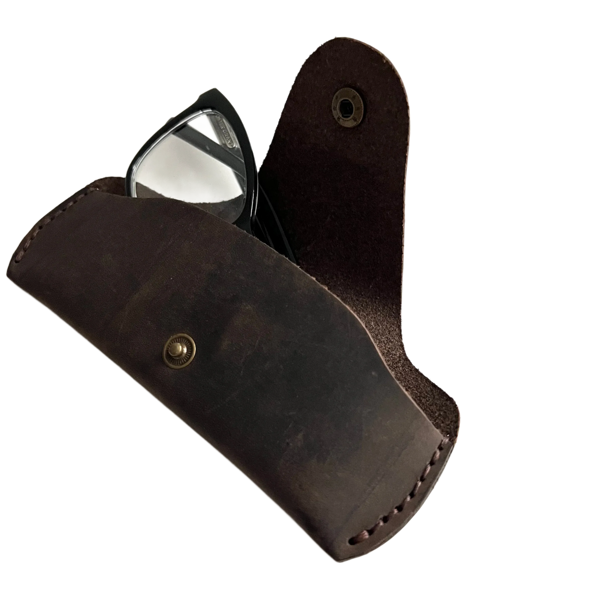 Small Soft Leather Eye Glasses Case in Dark Brown, open, angled top view with black-framed eyeglasses inside
