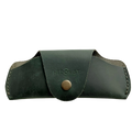 Small Soft Leather Eye Glasses Case in Dark Green, closed, front view with embossed Hedonist logo and snap closure