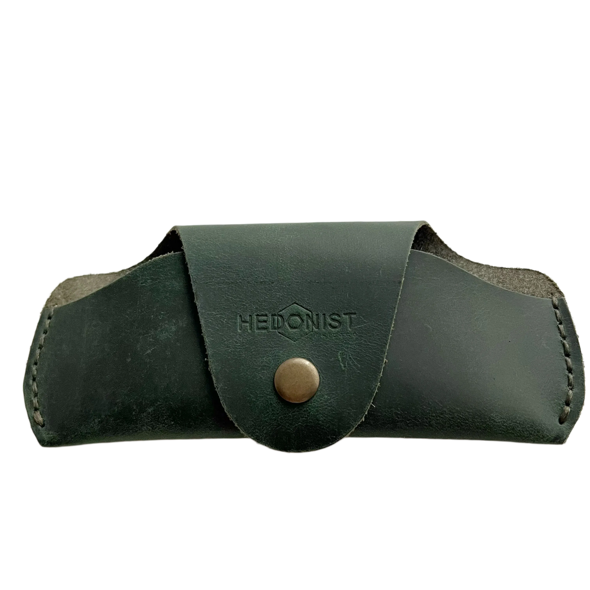 Small Soft Leather Eye Glasses Case in Dark Green, closed, front view with embossed Hedonist logo and snap closure