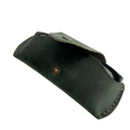 Small Soft Leather Eye Glasses Case in Dark Green, open, angled top view with black-framed eyeglasses inside