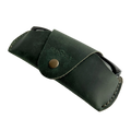 Small Soft Leather Eye Glasses Case in Dark Green, angled view with black-framed eyeglasses tucked inside