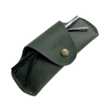 Small Soft Leather Eye Glasses Case in Dark Green, angled view with sunglasses temples visible poking out