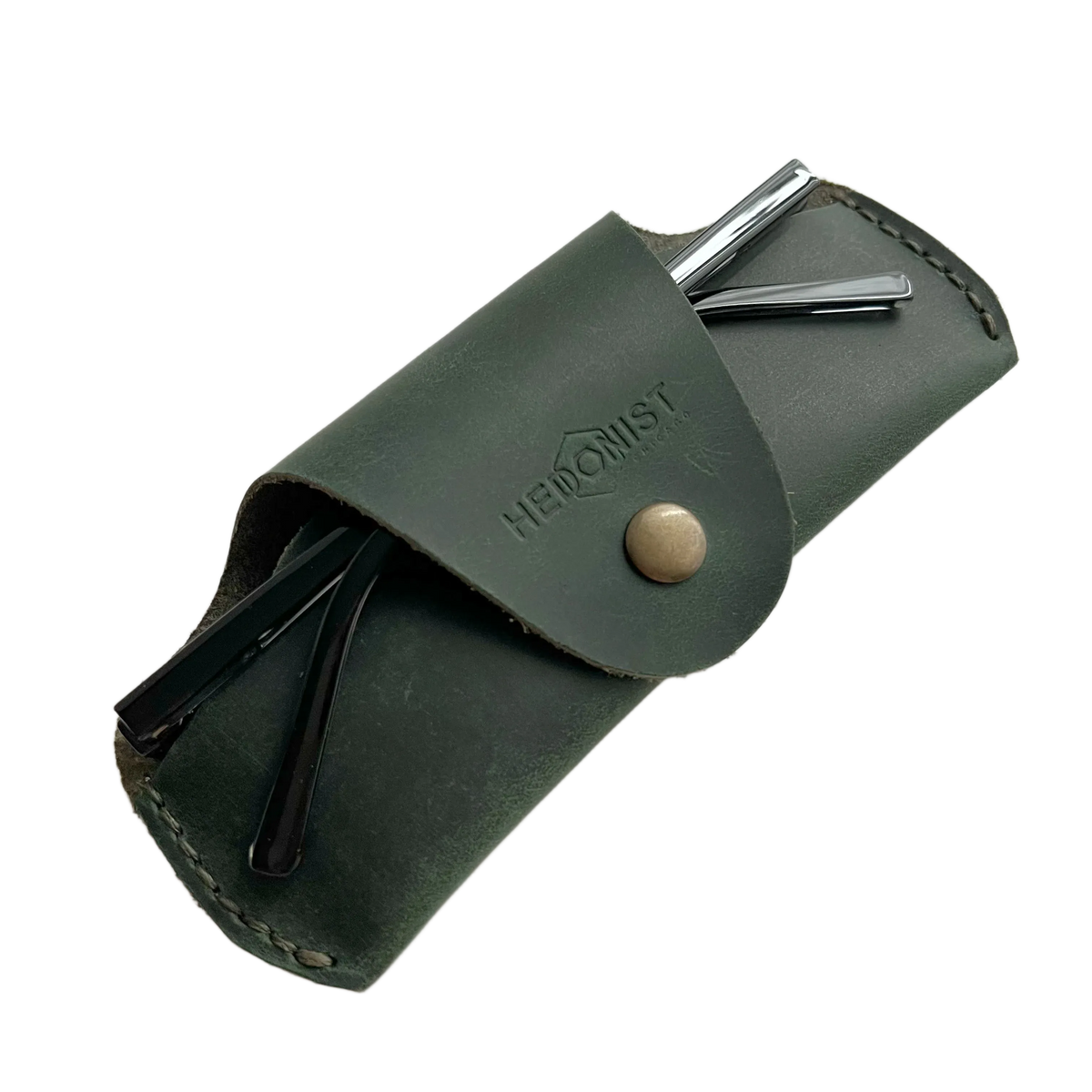 Small Soft Leather Eye Glasses Case in Dark Green, angled view with sunglasses temples visible poking out