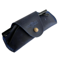 Small Soft Leather Eye Glasses Case in Navy Blue, angled view with sunglasses temples visible poking out